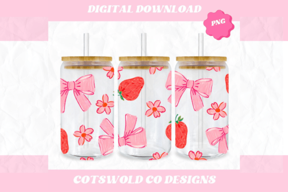 Bows Strawberries 16oz Cup Wrap PNG: Graphics & Illustrations