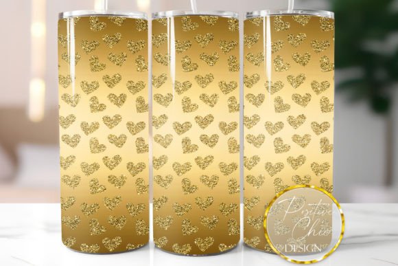 Old Gold Glitter Hearts Tumbler Wrap PNG: Graphics for Crafts & Content